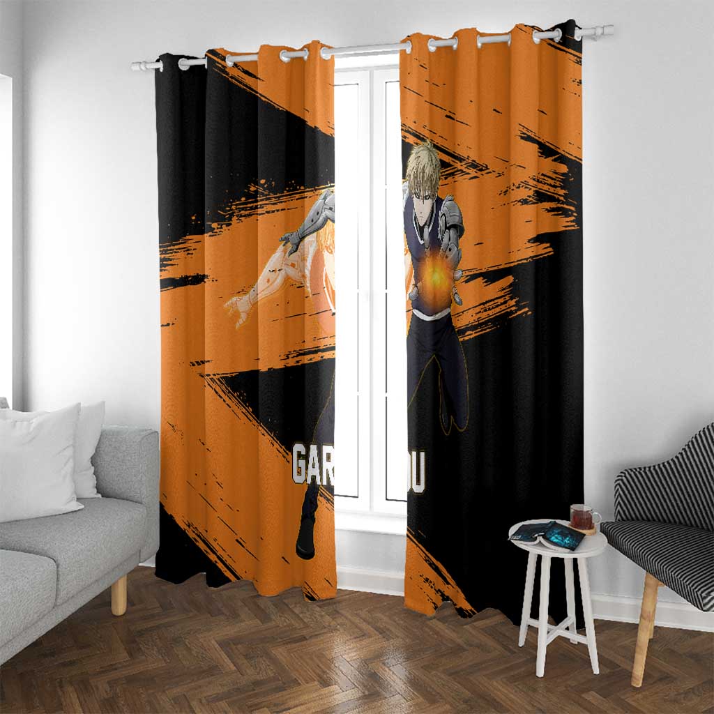 Genos One Punch Man Anime Orange and Black Theme Window Curtain with Cyborg Arm Blast and Intense Action Pose - The Mazicc