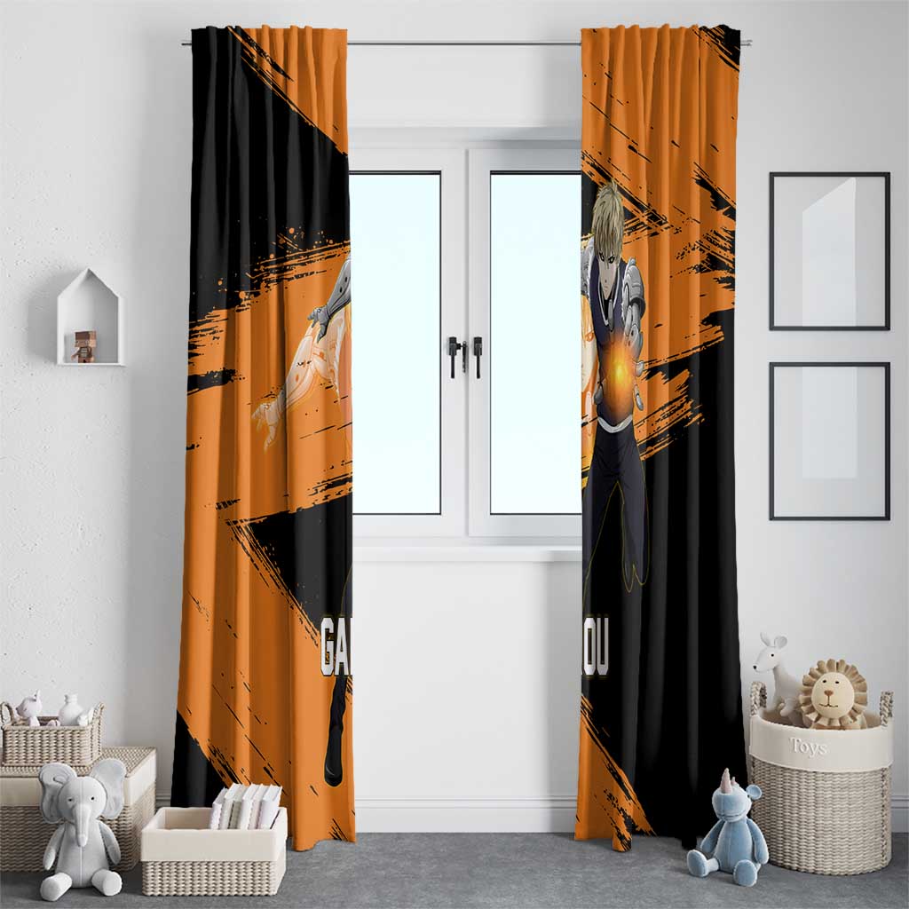 Genos One Punch Man Anime Orange and Black Theme Window Curtain with Cyborg Arm Blast and Intense Action Pose - The Mazicc