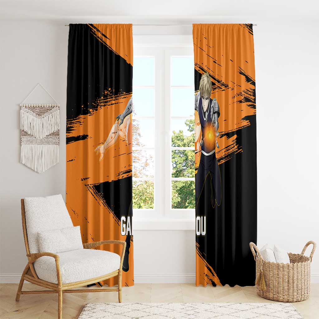 Genos One Punch Man Anime Orange and Black Theme Window Curtain with Cyborg Arm Blast and Intense Action Pose - The Mazicc