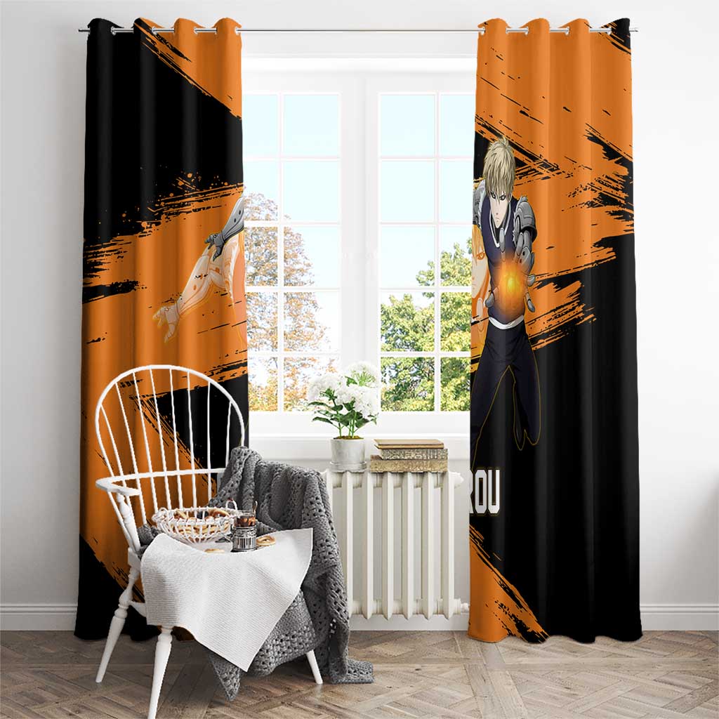 Genos One Punch Man Anime Orange and Black Theme Window Curtain with Cyborg Arm Blast and Intense Action Pose - The Mazicc