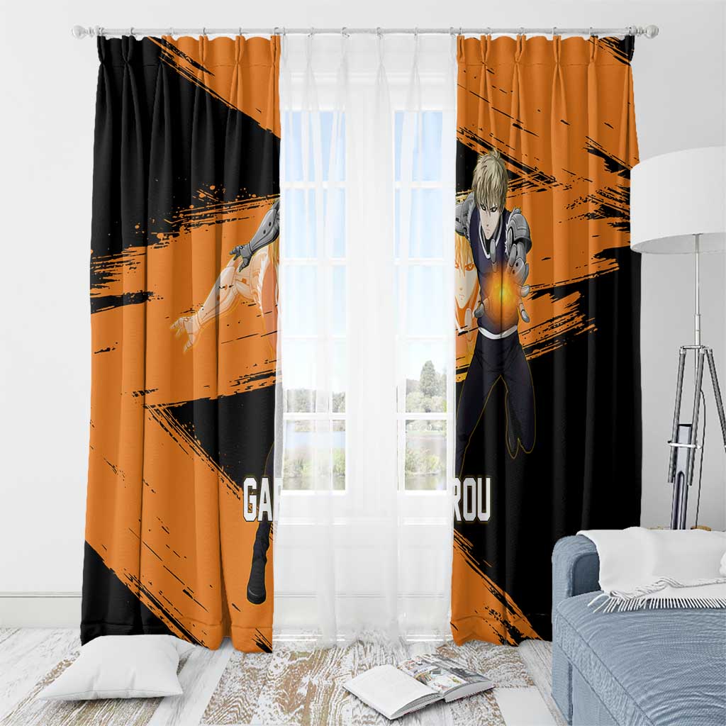 Genos One Punch Man Anime Orange and Black Theme Window Curtain with Cyborg Arm Blast and Intense Action Pose - The Mazicc