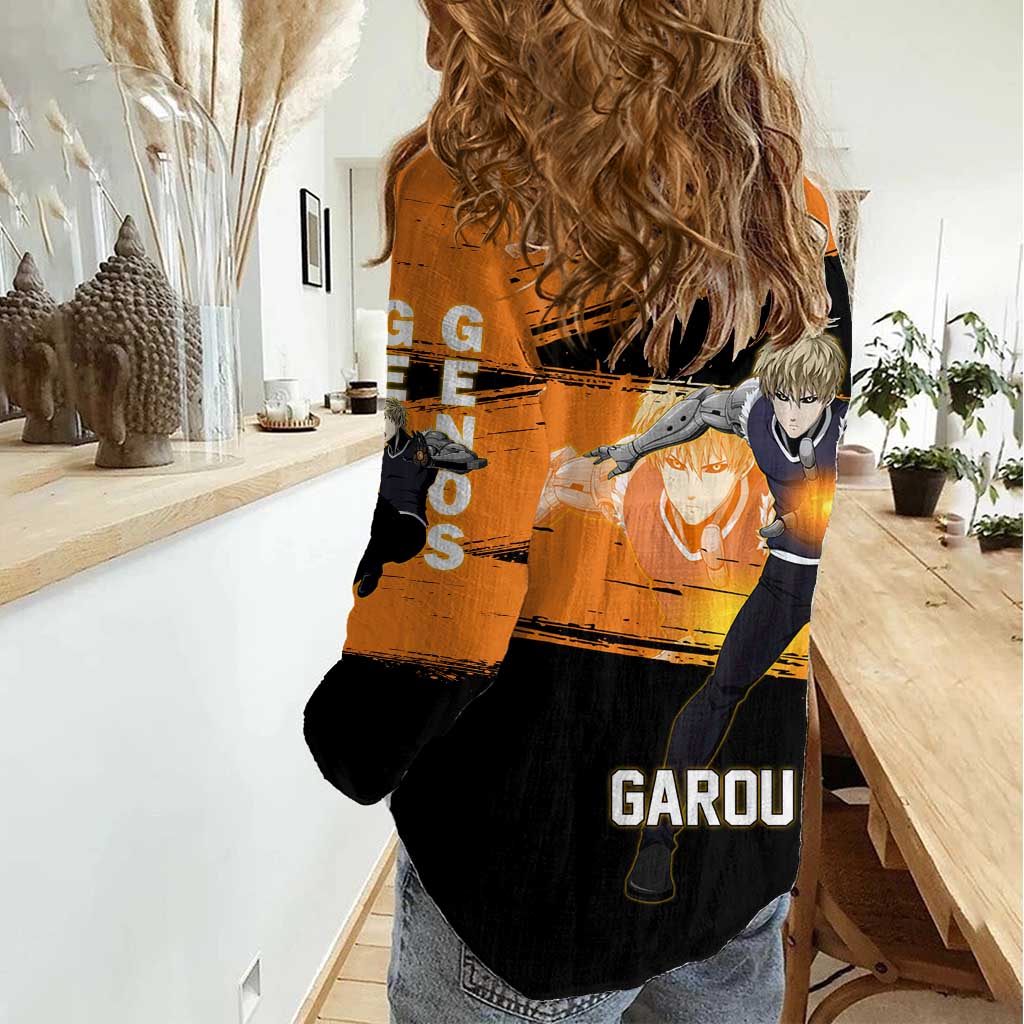 Genos One Punch Man Anime Orange and Black Theme Women Casual Shirt with Cyborg Arm Blast and Intense Action Pose - The Mazicc