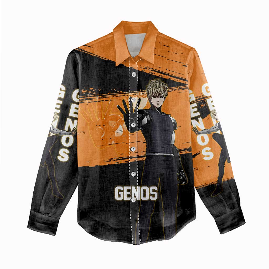 Genos One Punch Man Anime Orange and Black Theme Women Casual Shirt with Cyborg Arm Blast and Intense Action Pose - The Mazicc