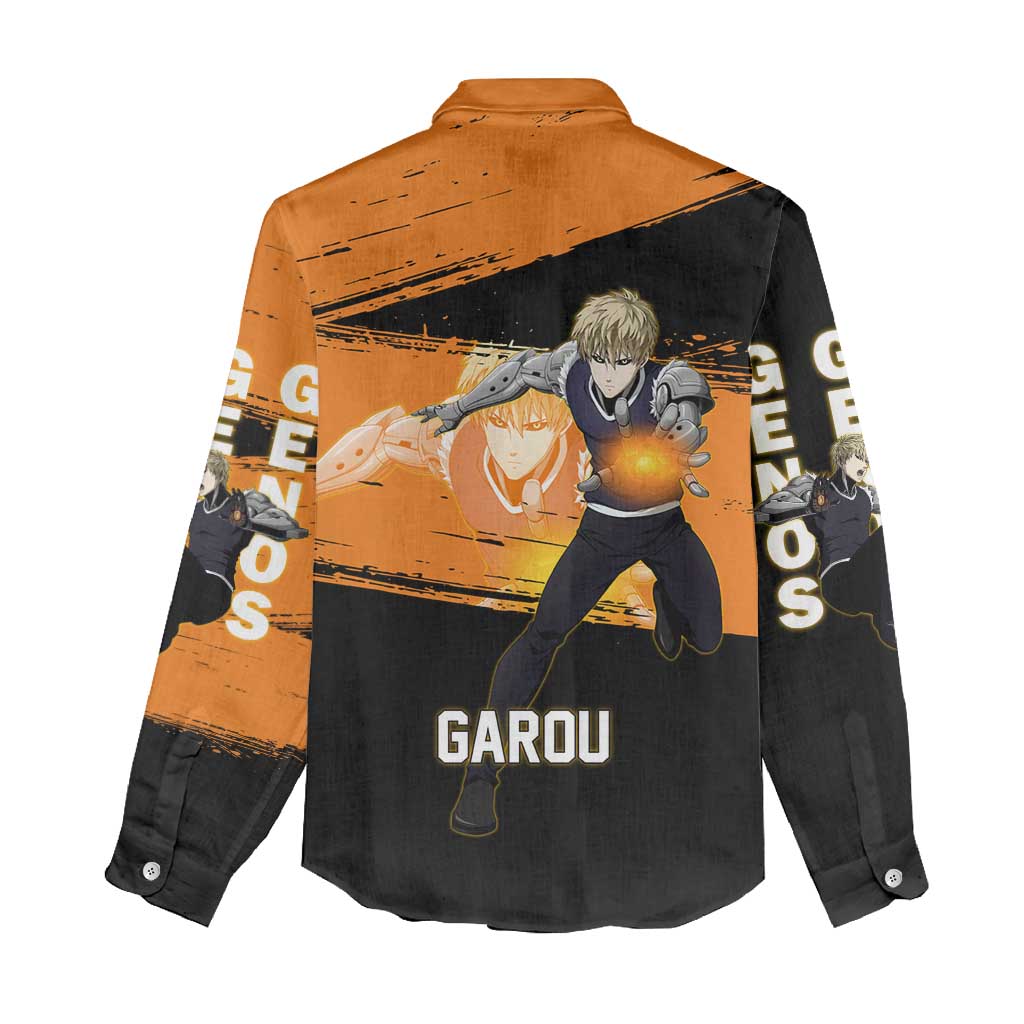 Genos One Punch Man Anime Orange and Black Theme Women Casual Shirt with Cyborg Arm Blast and Intense Action Pose - The Mazicc