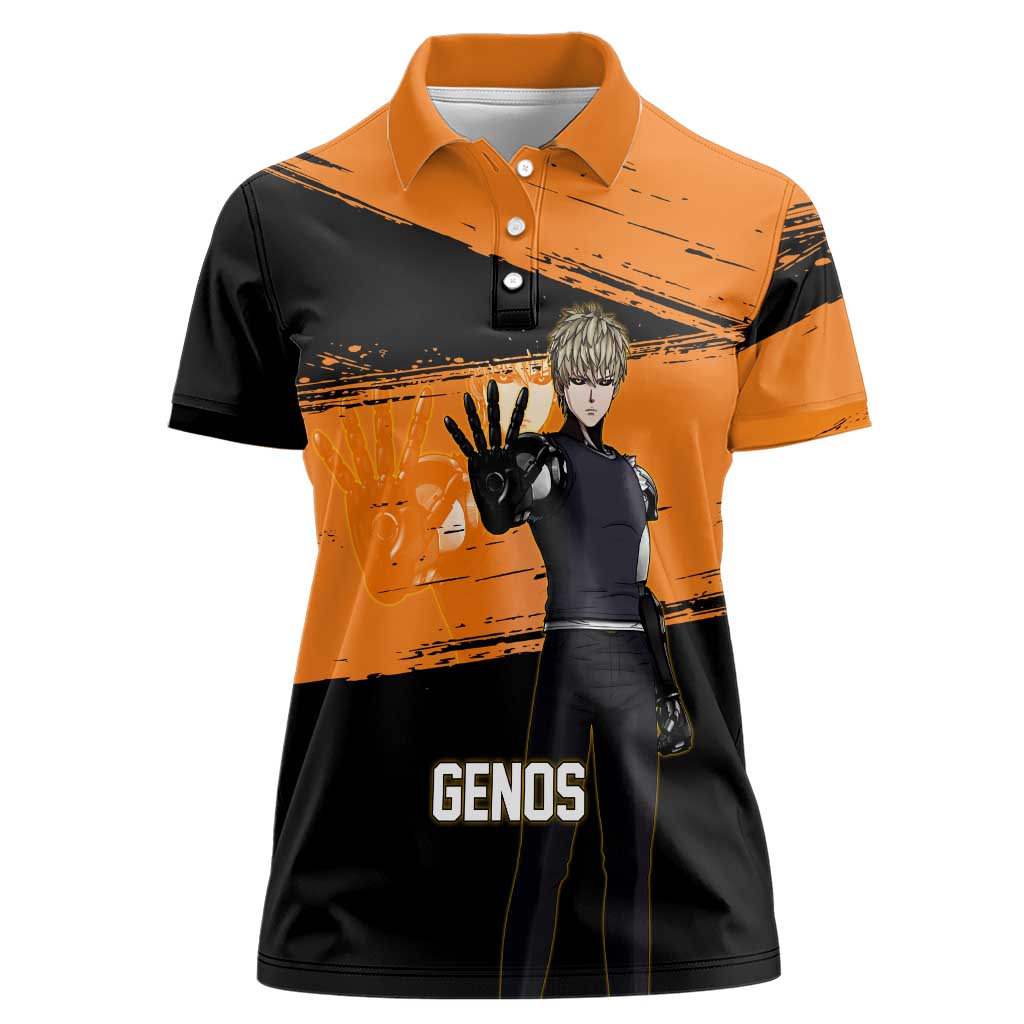 Genos One Punch Man Anime Orange and Black Theme Women Polo Shirt with Cyborg Arm Blast and Intense Action Pose - The Mazicc