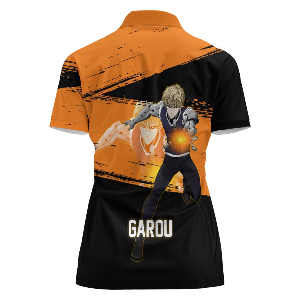 Genos One Punch Man Anime Orange and Black Theme Women Polo Shirt with Cyborg Arm Blast and Intense Action Pose - The Mazicc