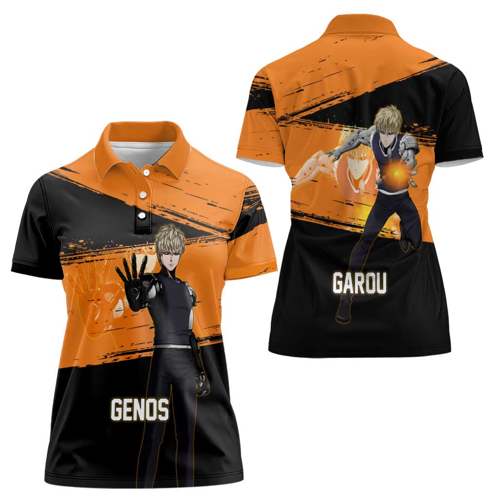Genos One Punch Man Anime Orange and Black Theme Women Polo Shirt with Cyborg Arm Blast and Intense Action Pose - The Mazicc