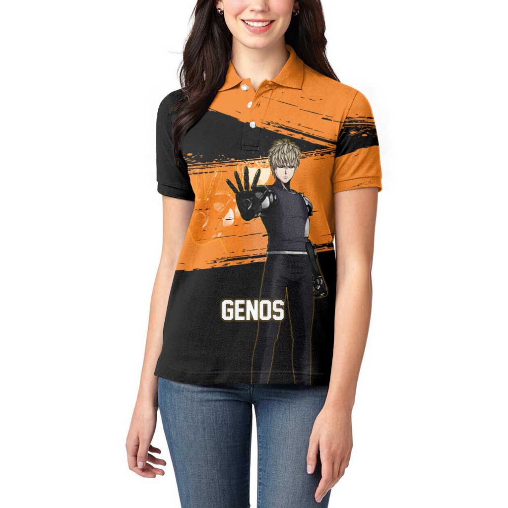 Genos One Punch Man Anime Orange and Black Theme Women Polo Shirt with Cyborg Arm Blast and Intense Action Pose - The Mazicc