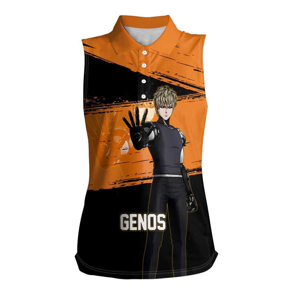 Genos One Punch Man Anime Orange and Black Theme Women Sleeveless Polo Shirt with Cyborg Arm Blast and Intense Action Pose - The Mazicc