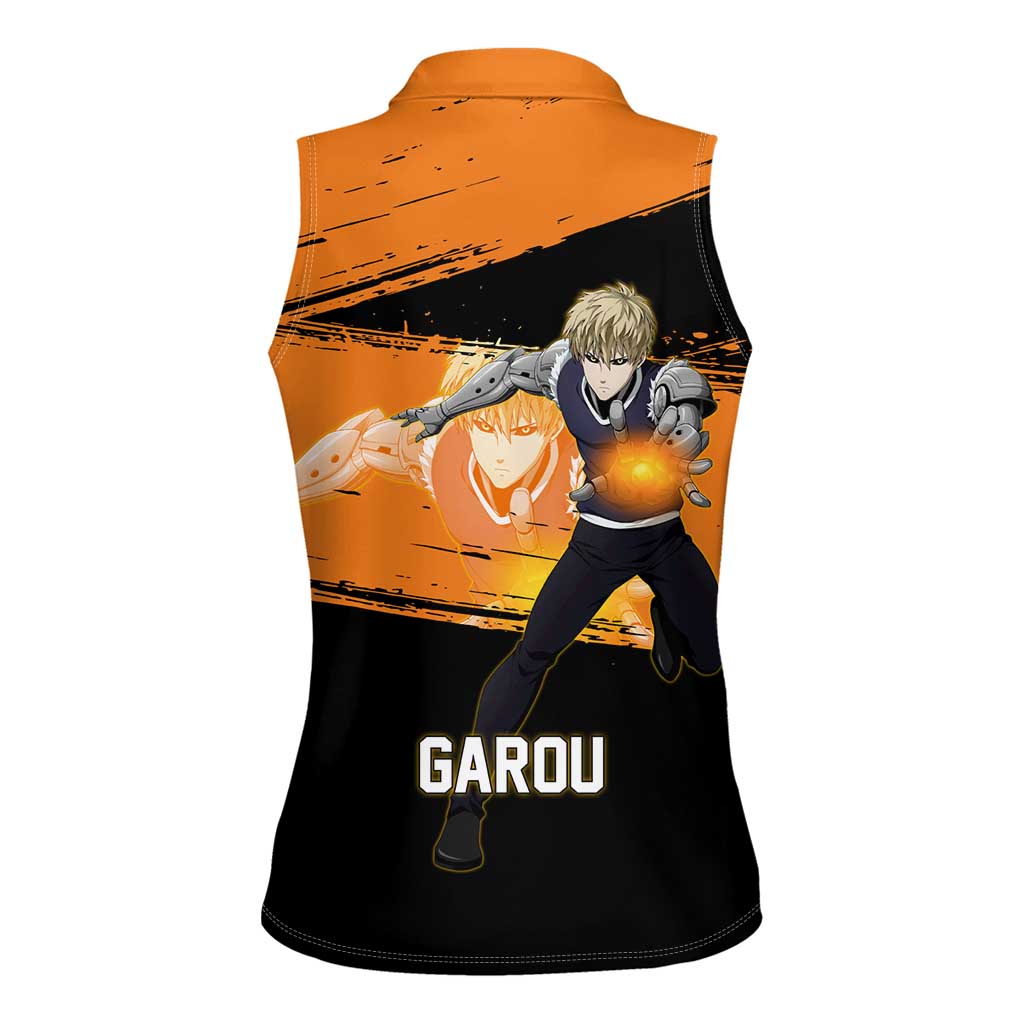 Genos One Punch Man Anime Orange and Black Theme Women Sleeveless Polo Shirt with Cyborg Arm Blast and Intense Action Pose - The Mazicc