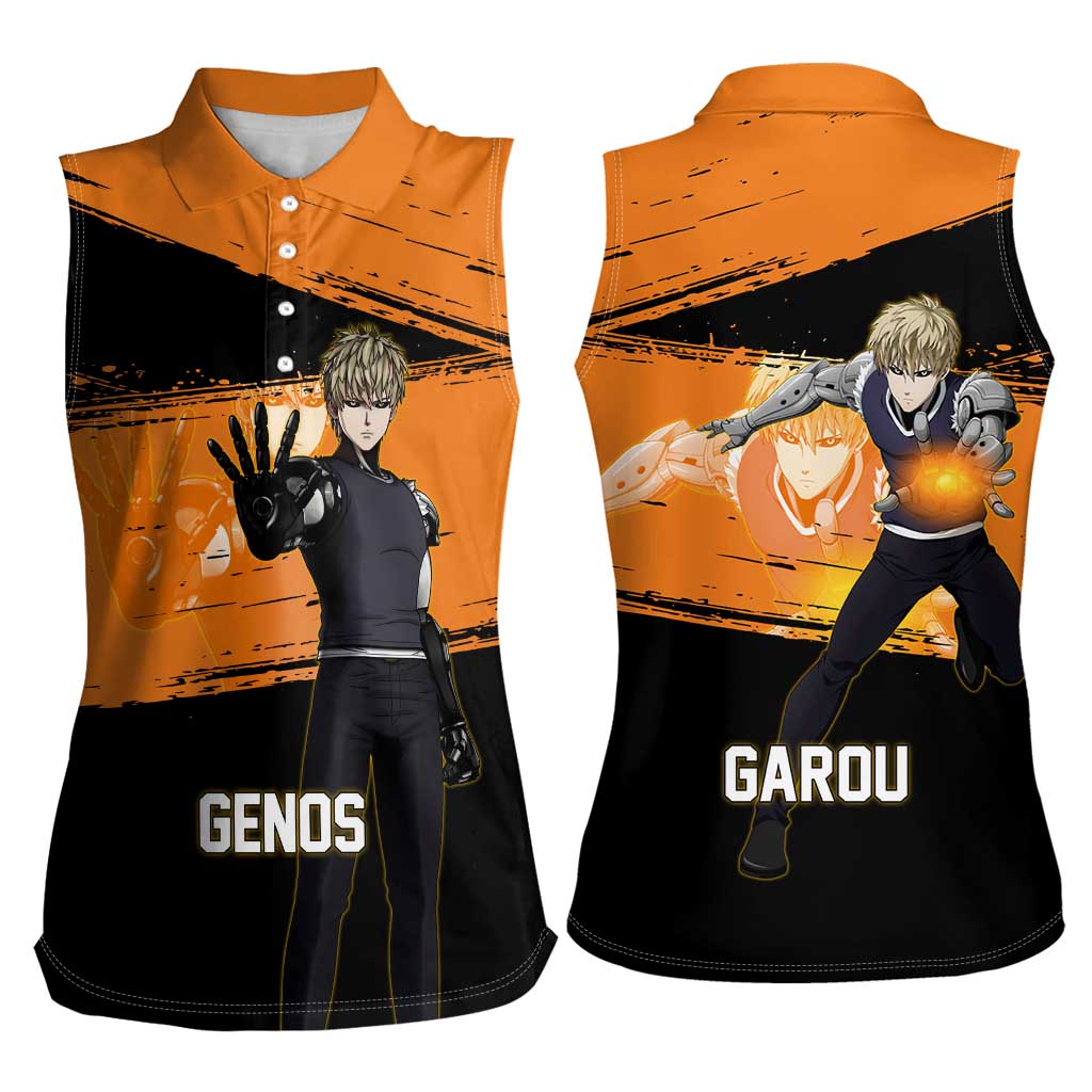 Genos One Punch Man Anime Orange and Black Theme Women Sleeveless Polo Shirt with Cyborg Arm Blast and Intense Action Pose - The Mazicc