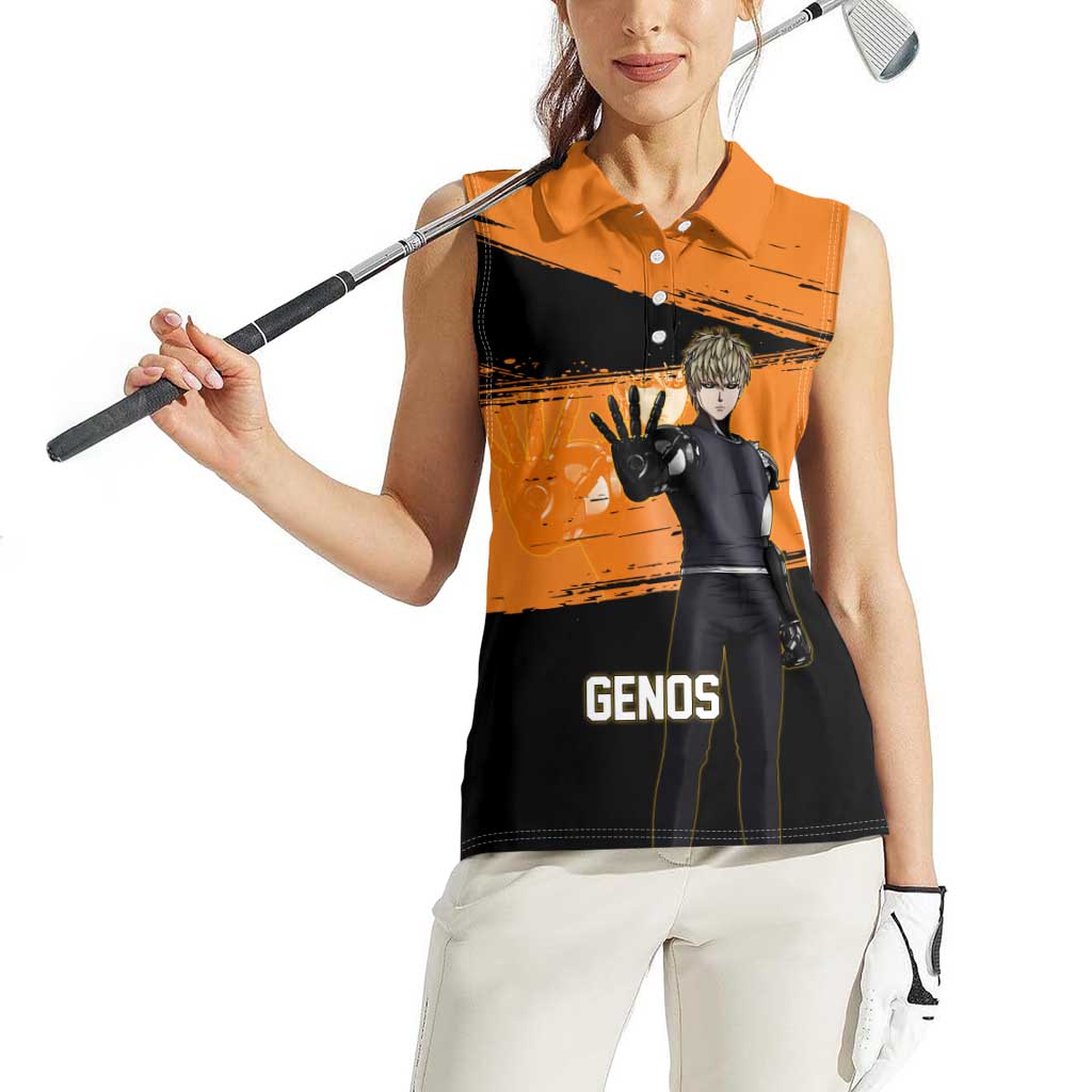 Genos One Punch Man Anime Orange and Black Theme Women Sleeveless Polo Shirt with Cyborg Arm Blast and Intense Action Pose - The Mazicc