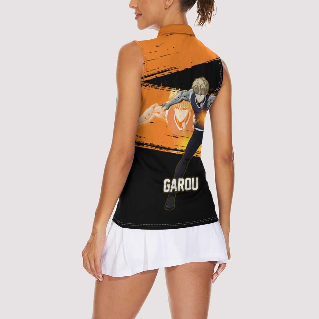 Genos One Punch Man Anime Orange and Black Theme Women Sleeveless Polo Shirt with Cyborg Arm Blast and Intense Action Pose - The Mazicc