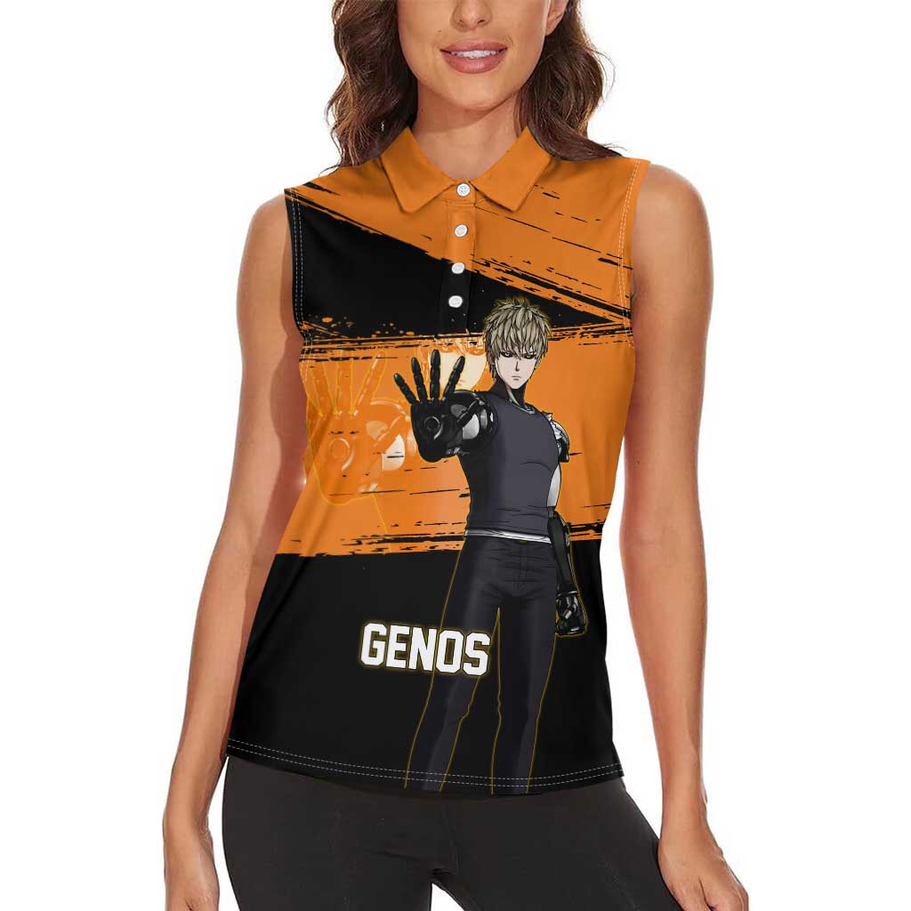 Genos One Punch Man Anime Orange and Black Theme Women Sleeveless Polo Shirt with Cyborg Arm Blast and Intense Action Pose - The Mazicc