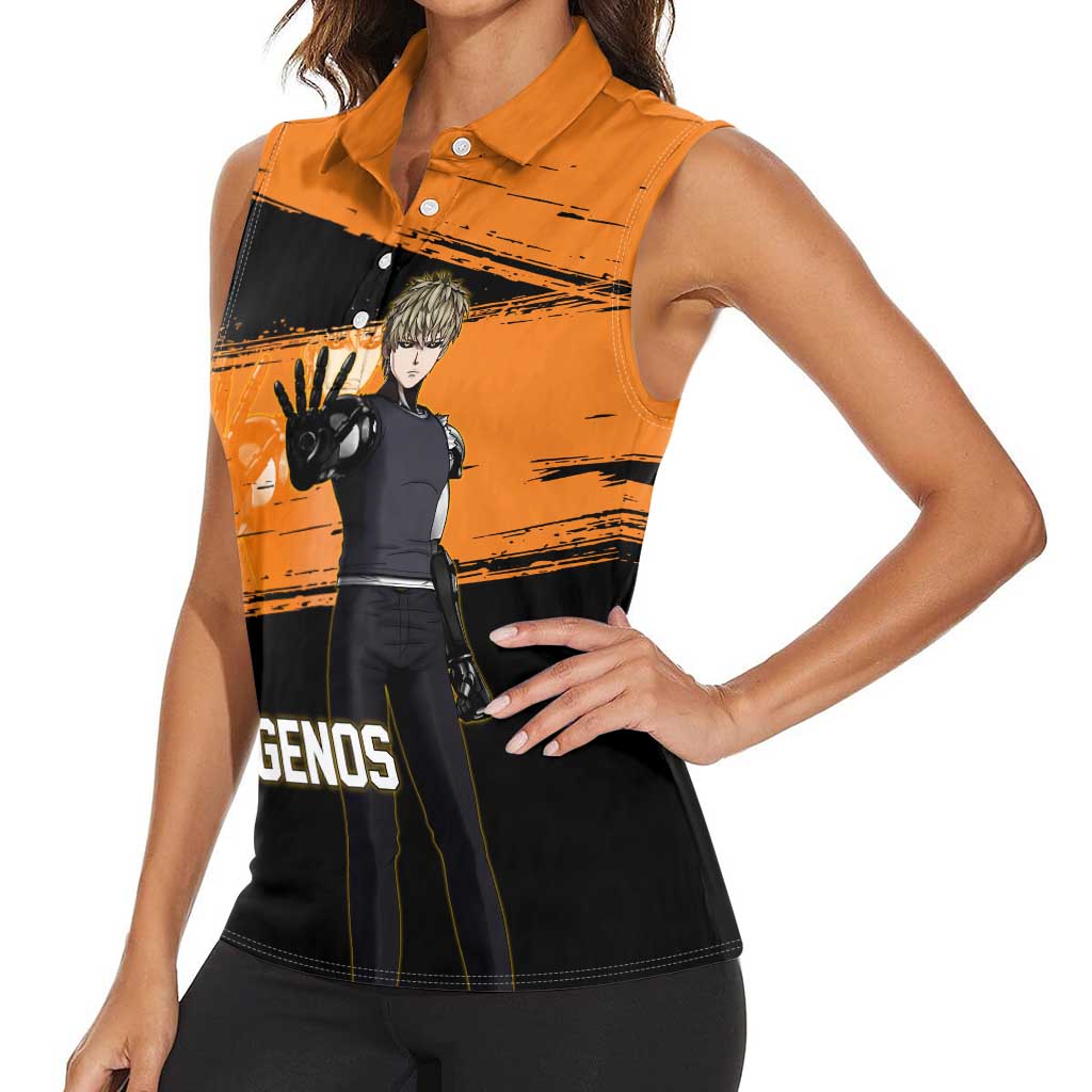 Genos One Punch Man Anime Orange and Black Theme Women Sleeveless Polo Shirt with Cyborg Arm Blast and Intense Action Pose - The Mazicc