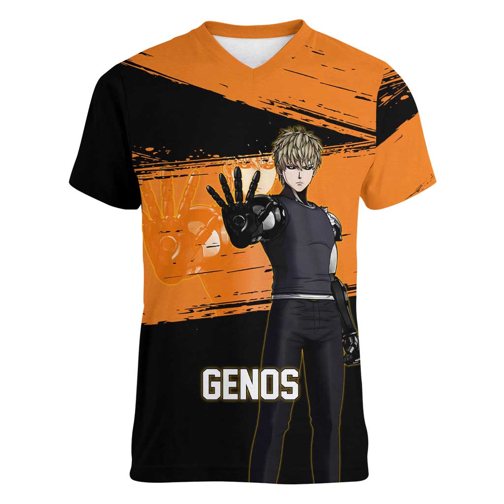 Genos One Punch Man Anime Orange and Black Theme Women V-Neck T-Shirt with Cyborg Arm Blast and Intense Action Pose - The Mazicc
