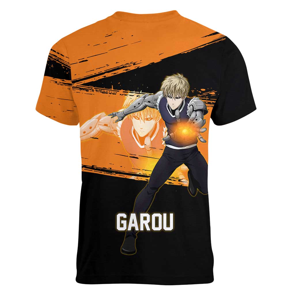 Genos One Punch Man Anime Orange and Black Theme Women V-Neck T-Shirt with Cyborg Arm Blast and Intense Action Pose - The Mazicc