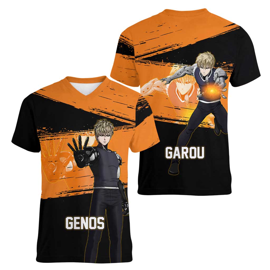 Genos One Punch Man Anime Orange and Black Theme Women V-Neck T-Shirt with Cyborg Arm Blast and Intense Action Pose - The Mazicc