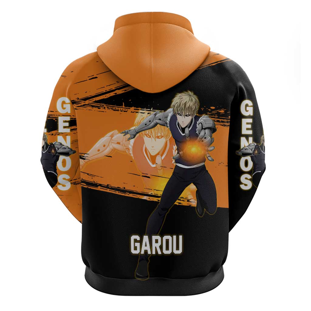 Genos One Punch Man Anime Orange and Black Theme Zip Hoodie with Cyborg Arm Blast and Intense Action Pose - The Mazicc