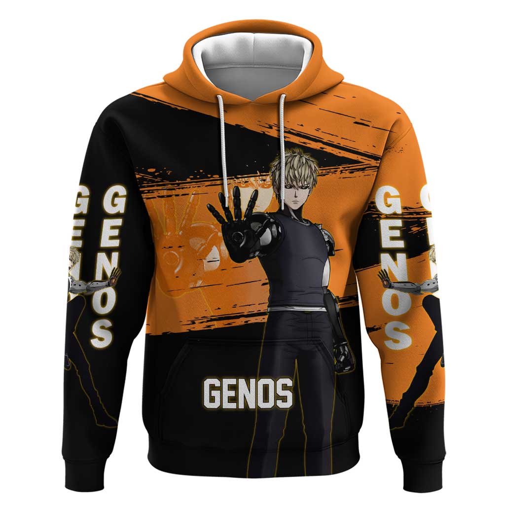 Genos One Punch Man Anime Orange and Black Theme Zip Hoodie with Cyborg Arm Blast and Intense Action Pose - The Mazicc