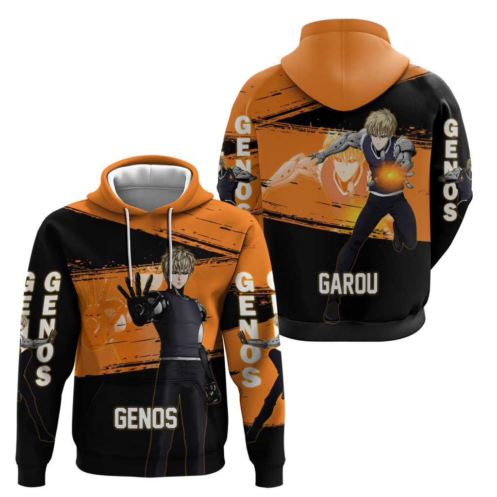Genos One Punch Man Anime Orange and Black Theme Zip Hoodie with Cyborg Arm Blast and Intense Action Pose - The Mazicc