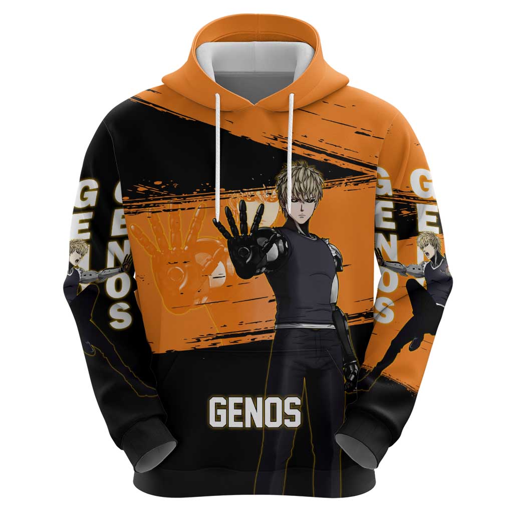 Genos One Punch Man Anime Orange and Black Theme Zip Hoodie with Cyborg Arm Blast and Intense Action Pose - The Mazicc