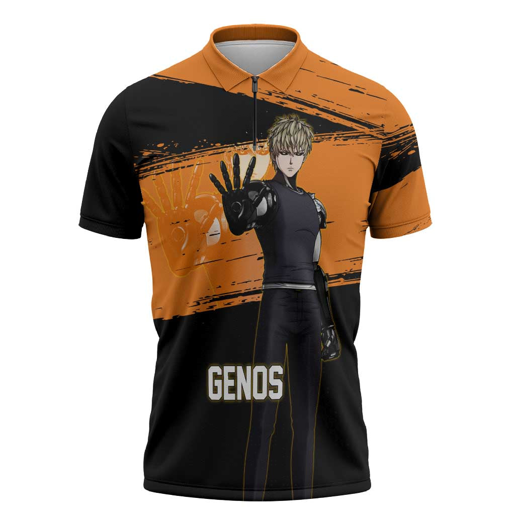 Genos One Punch Man Anime Orange and Black Theme Zipper Polo Shirt with Cyborg Arm Blast and Intense Action Pose - The Mazicc