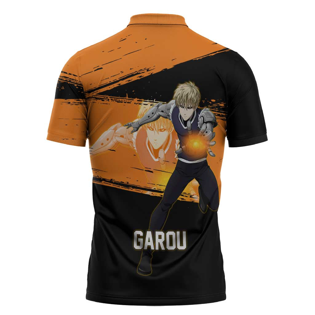 Genos One Punch Man Anime Orange and Black Theme Zipper Polo Shirt with Cyborg Arm Blast and Intense Action Pose - The Mazicc