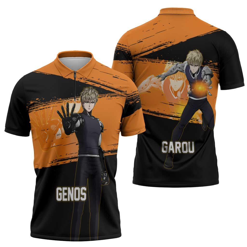 Genos One Punch Man Anime Orange and Black Theme Zipper Polo Shirt with Cyborg Arm Blast and Intense Action Pose - The Mazicc