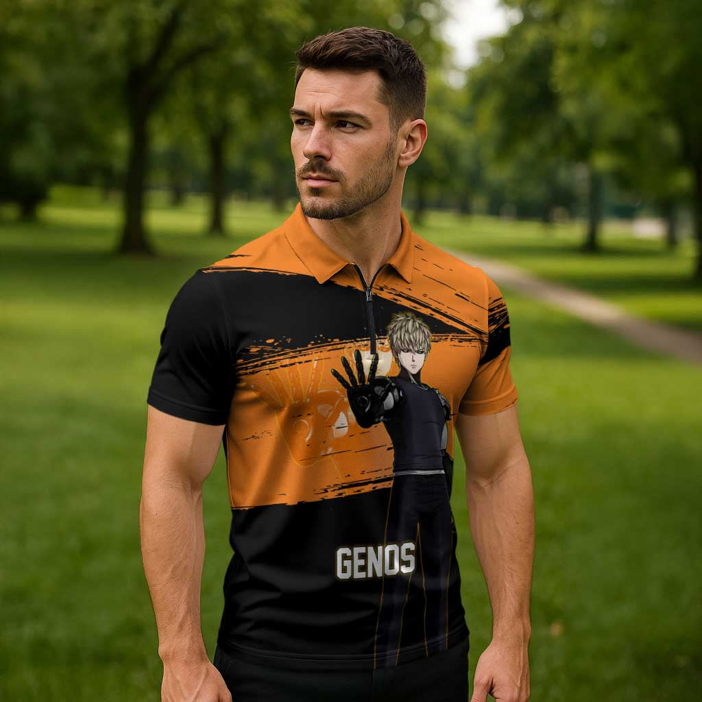 Genos One Punch Man Anime Orange and Black Theme Zipper Polo Shirt with Cyborg Arm Blast and Intense Action Pose - The Mazicc