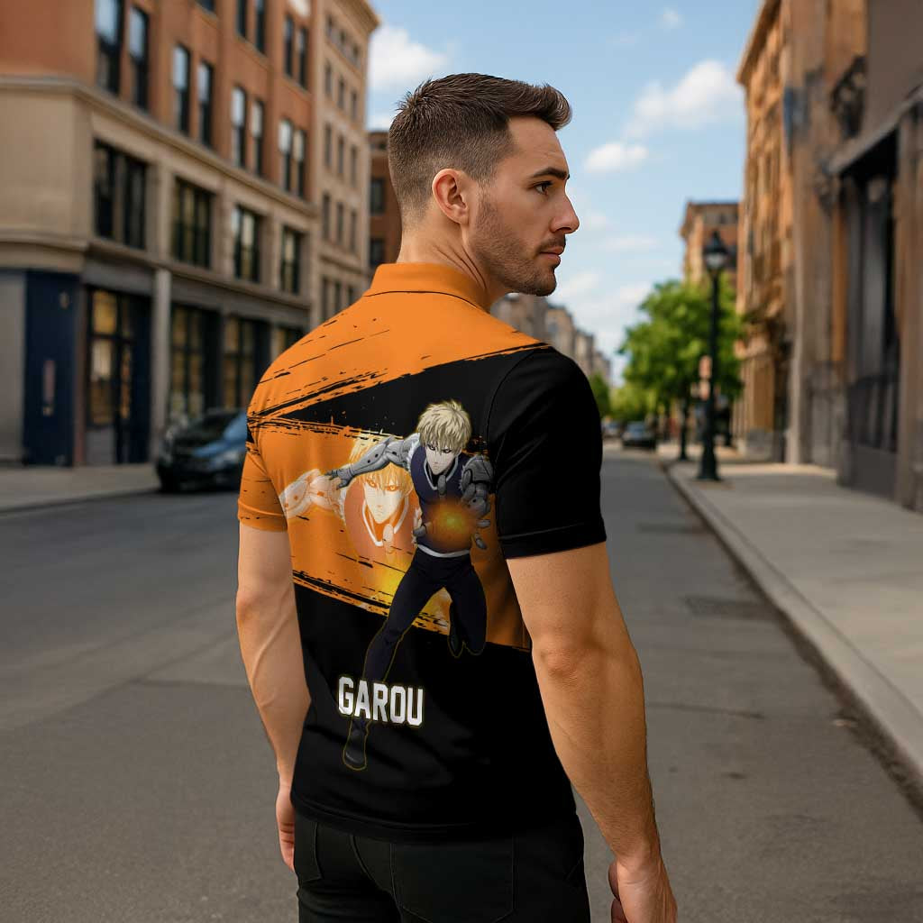 Genos One Punch Man Anime Orange and Black Theme Zipper Polo Shirt with Cyborg Arm Blast and Intense Action Pose - The Mazicc