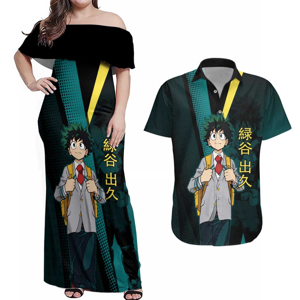 Izuku Midoriya Transformation Couples Matching Off Shoulder Maxi Dress and Hawaiian Shirt Japanese Comic Book Style