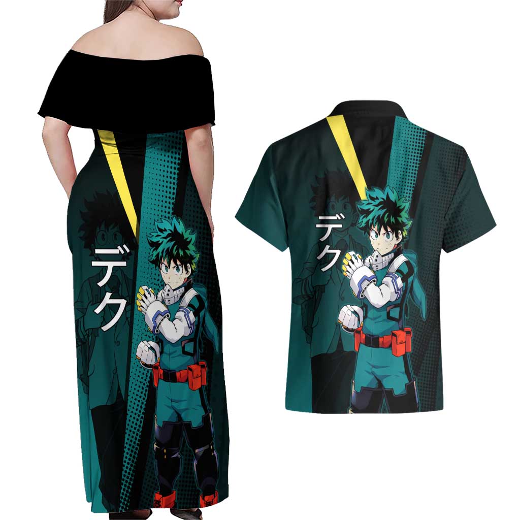 Izuku Midoriya Transformation Couples Matching Off Shoulder Maxi Dress and Hawaiian Shirt Japanese Comic Book Style