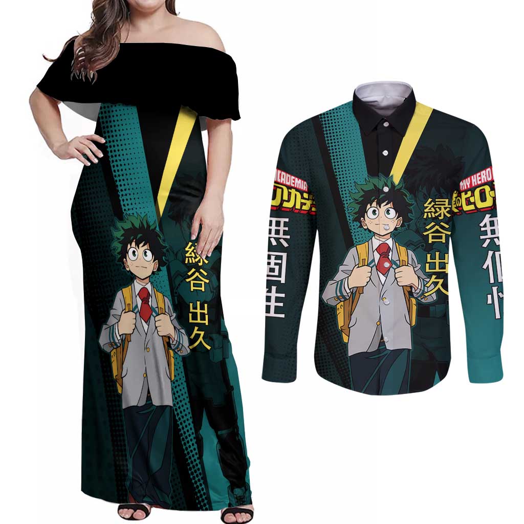 Izuku Midoriya Transformation Couples Matching Off Shoulder Maxi Dress and Long Sleeve Button Shirt Japanese Comic Book Style