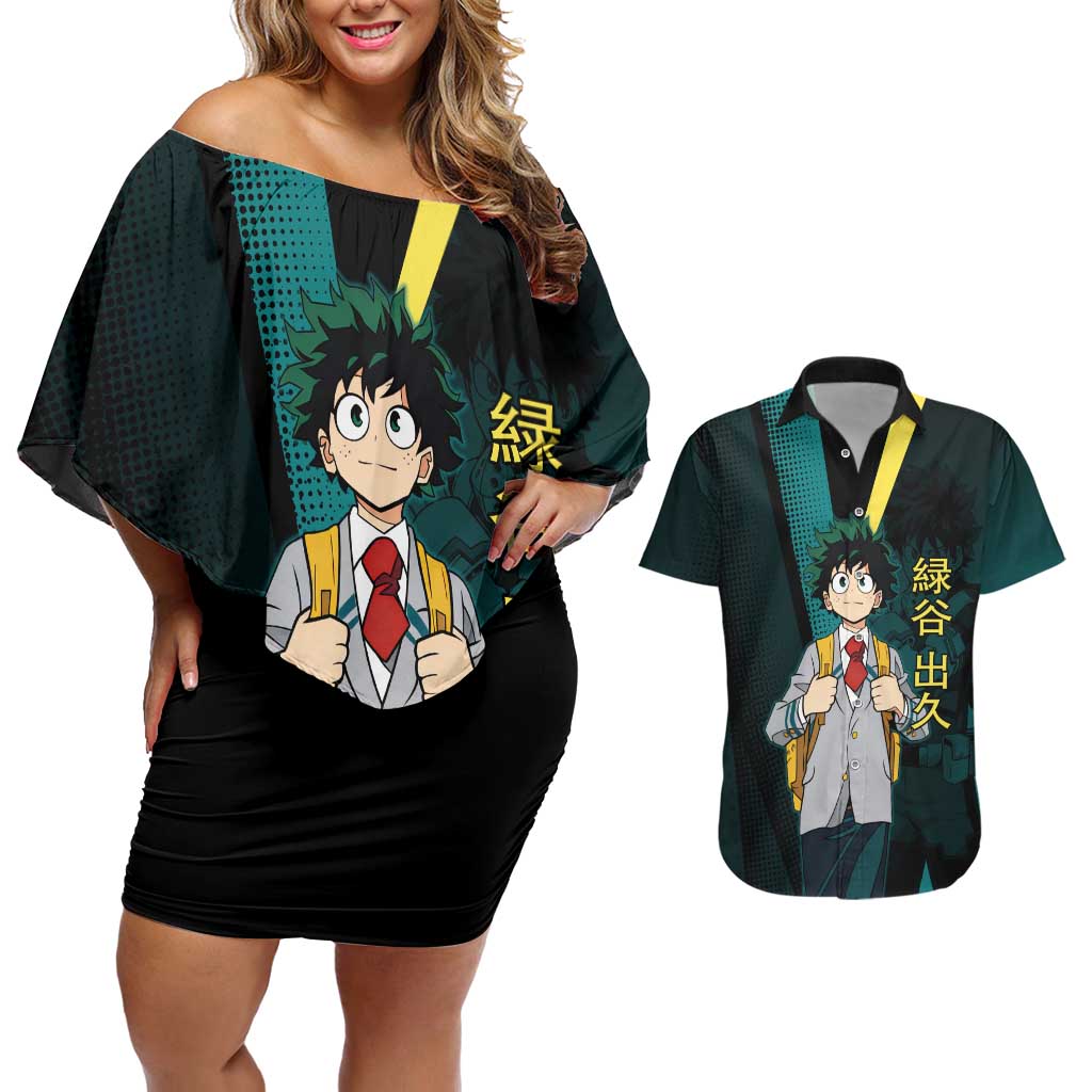 Izuku Midoriya Transformation Couples Matching Off Shoulder Short Dress and Hawaiian Shirt Japanese Comic Book Style