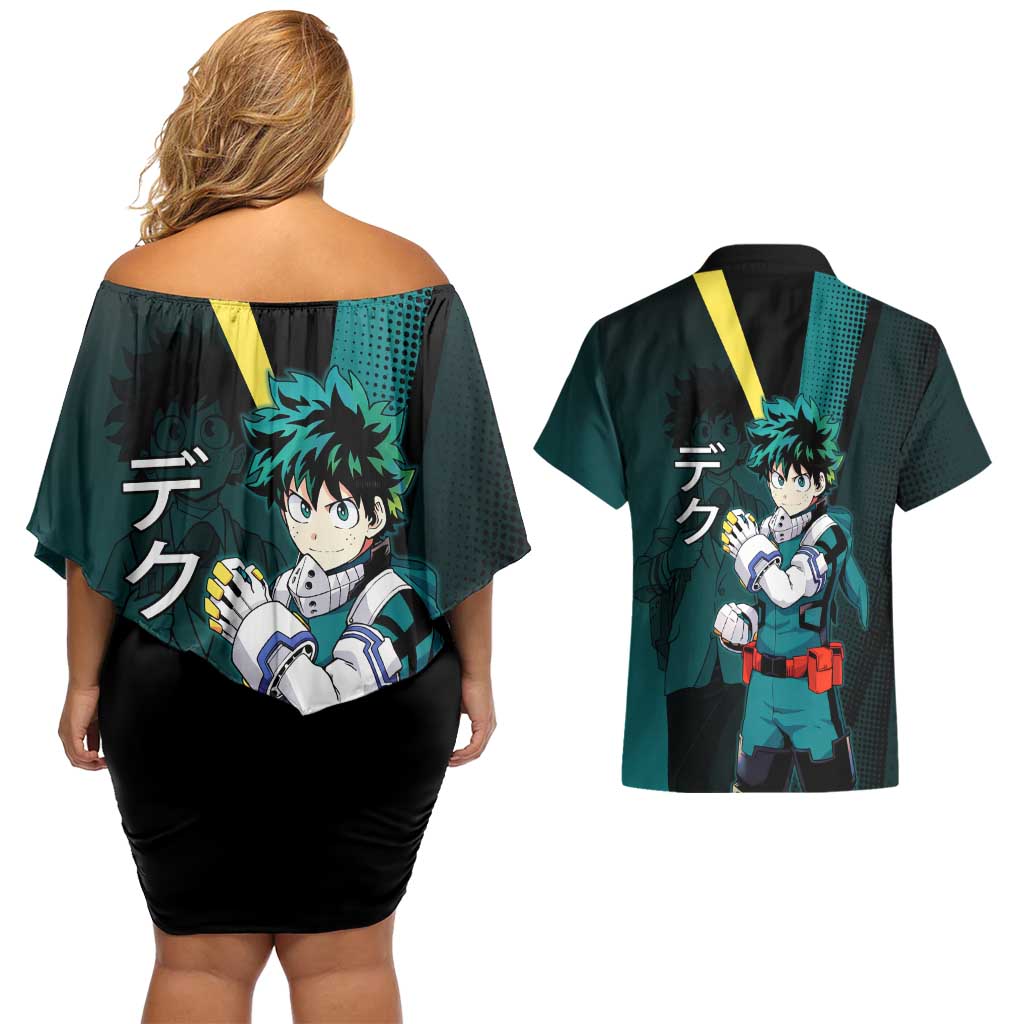 Izuku Midoriya Transformation Couples Matching Off Shoulder Short Dress and Hawaiian Shirt Japanese Comic Book Style