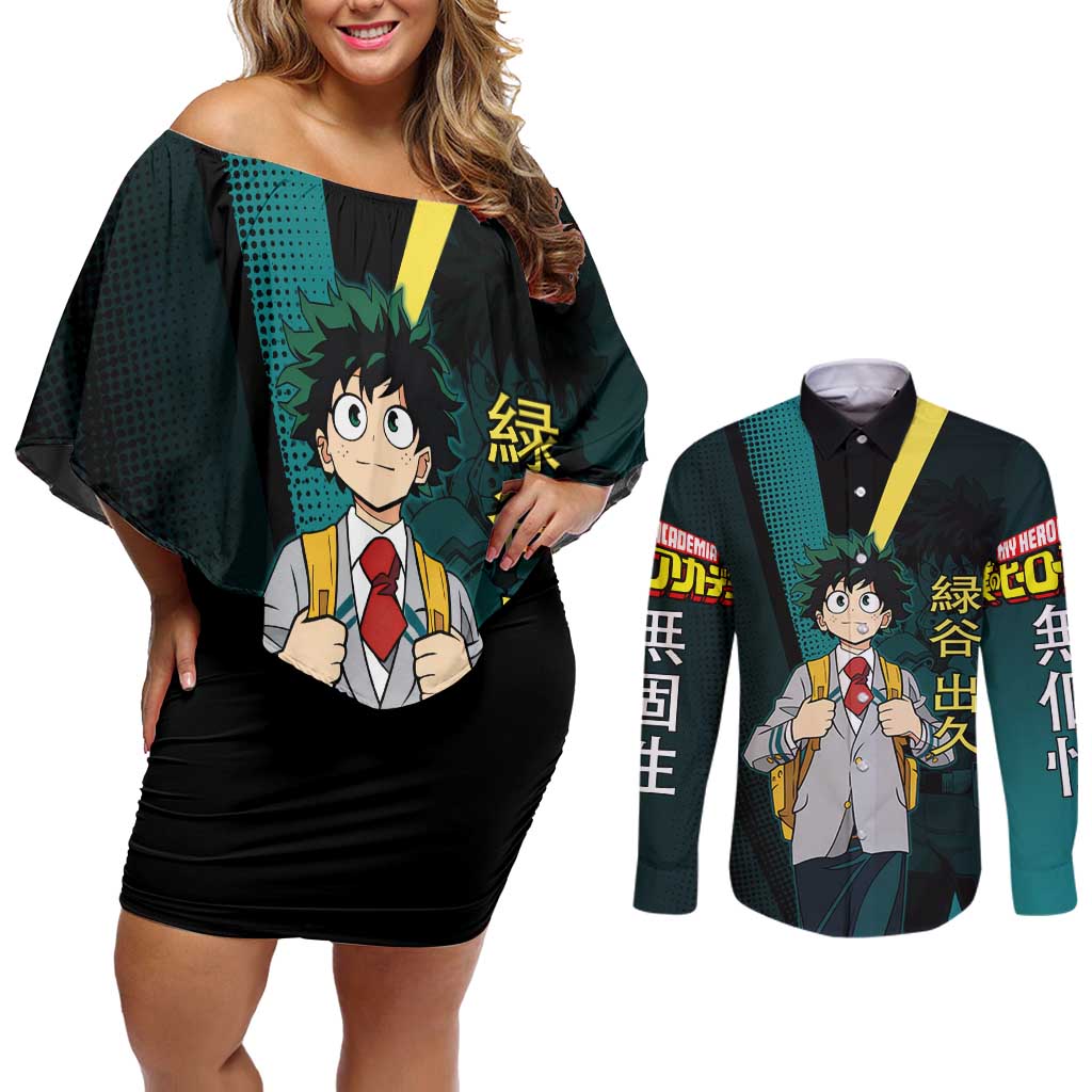 Izuku Midoriya Transformation Couples Matching Off Shoulder Short Dress and Long Sleeve Button Shirt Japanese Comic Book Style