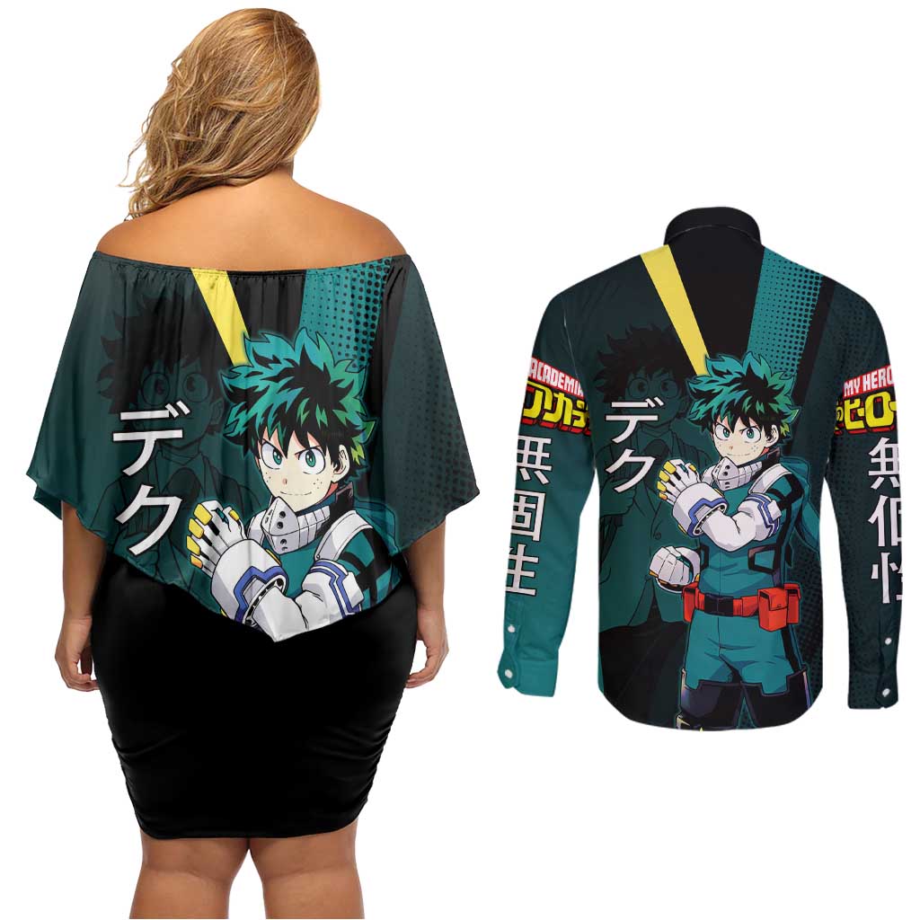 Izuku Midoriya Transformation Couples Matching Off Shoulder Short Dress and Long Sleeve Button Shirt Japanese Comic Book Style