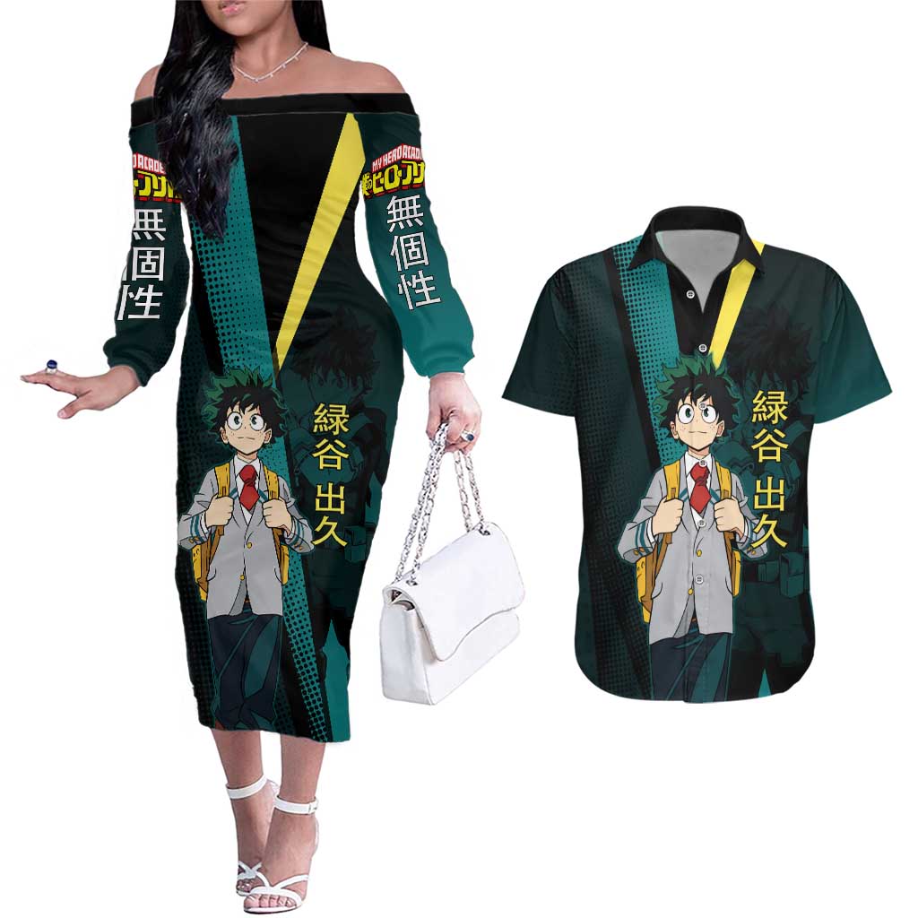Izuku Midoriya Transformation Couples Matching Off The Shoulder Long Sleeve Dress and Hawaiian Shirt Japanese Comic Book Style