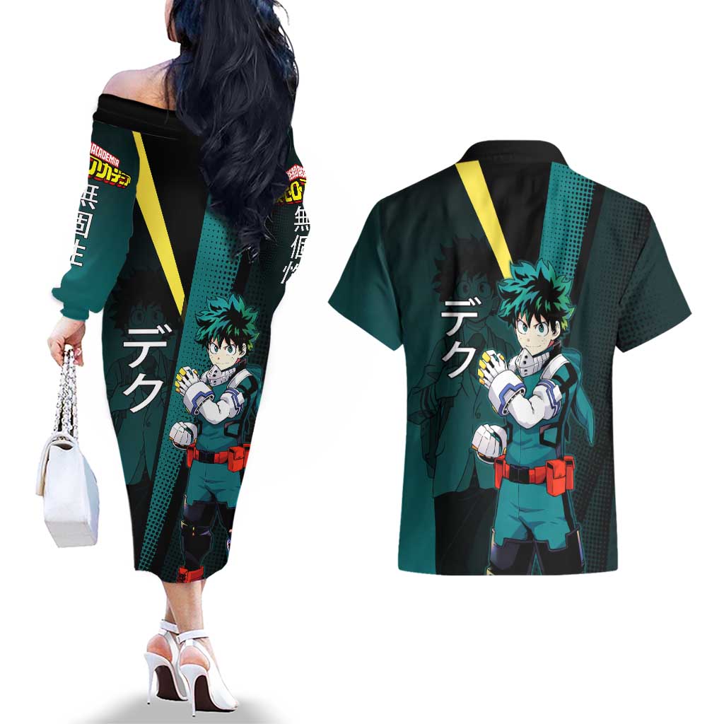 Izuku Midoriya Transformation Couples Matching Off The Shoulder Long Sleeve Dress and Hawaiian Shirt Japanese Comic Book Style
