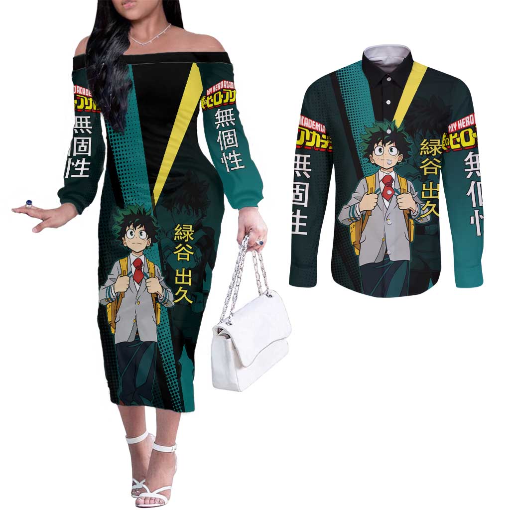Izuku Midoriya Transformation Couples Matching Off The Shoulder Long Sleeve Dress and Long Sleeve Button Shirt Japanese Comic Book Style