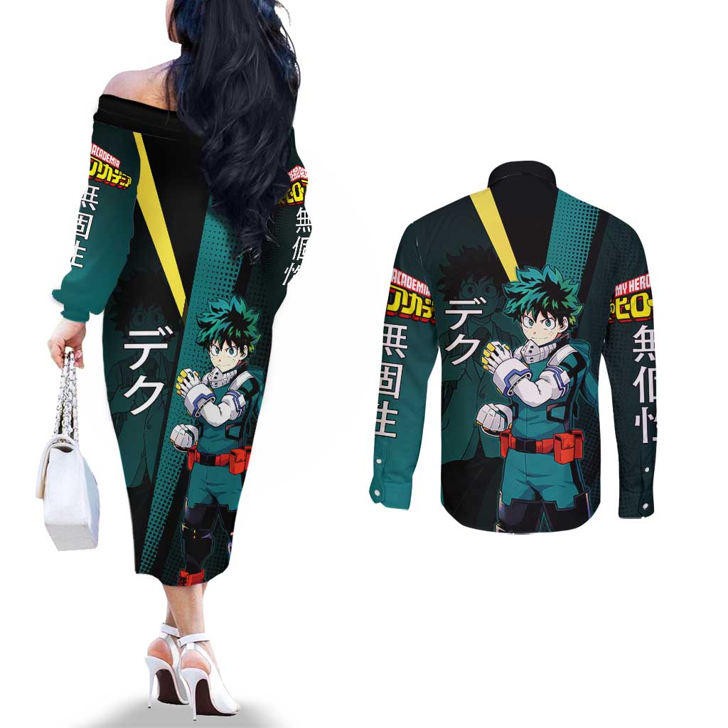 Izuku Midoriya Transformation Couples Matching Off The Shoulder Long Sleeve Dress and Long Sleeve Button Shirt Japanese Comic Book Style