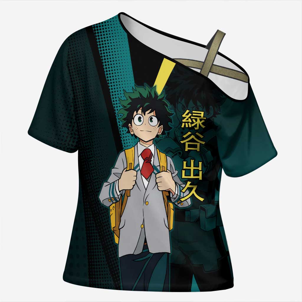 Izuku Midoriya Transformation Cross Shoulder Shirt Japanese Comic Book Style