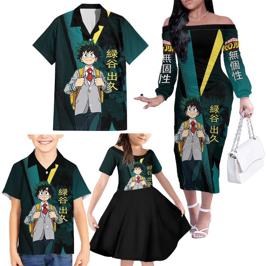 Izuku Midoriya Transformation Family Matching Off The Shoulder Long Sleeve Dress and Hawaiian Shirt Japanese Comic Book Style