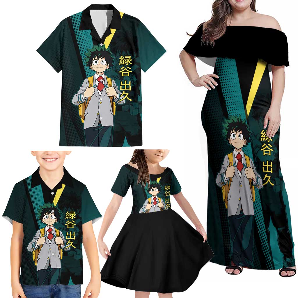 Izuku Midoriya Transformation Family Matching Off Shoulder Maxi Dress and Hawaiian Shirt Japanese Comic Book Style
