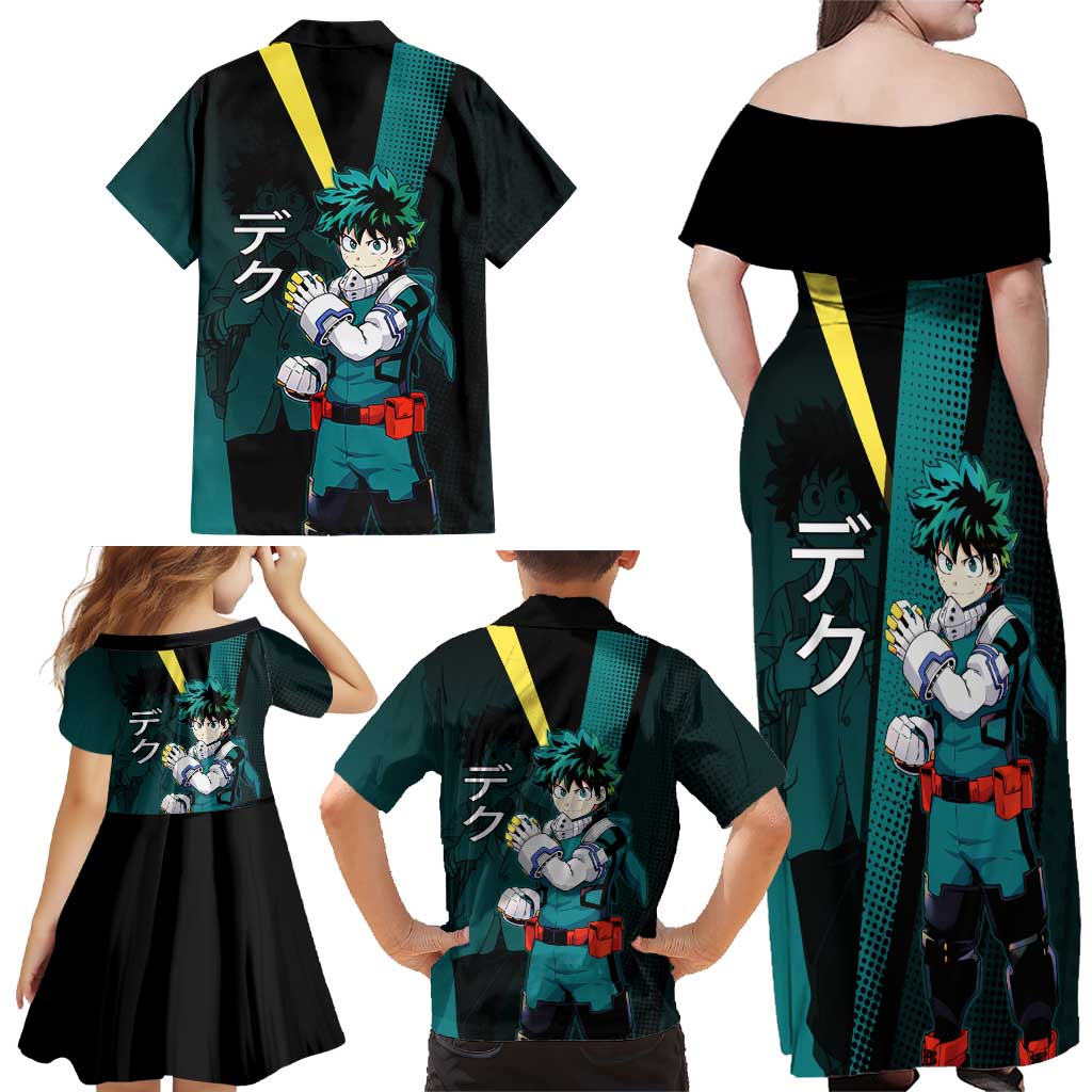Izuku Midoriya Transformation Family Matching Off Shoulder Maxi Dress and Hawaiian Shirt Japanese Comic Book Style