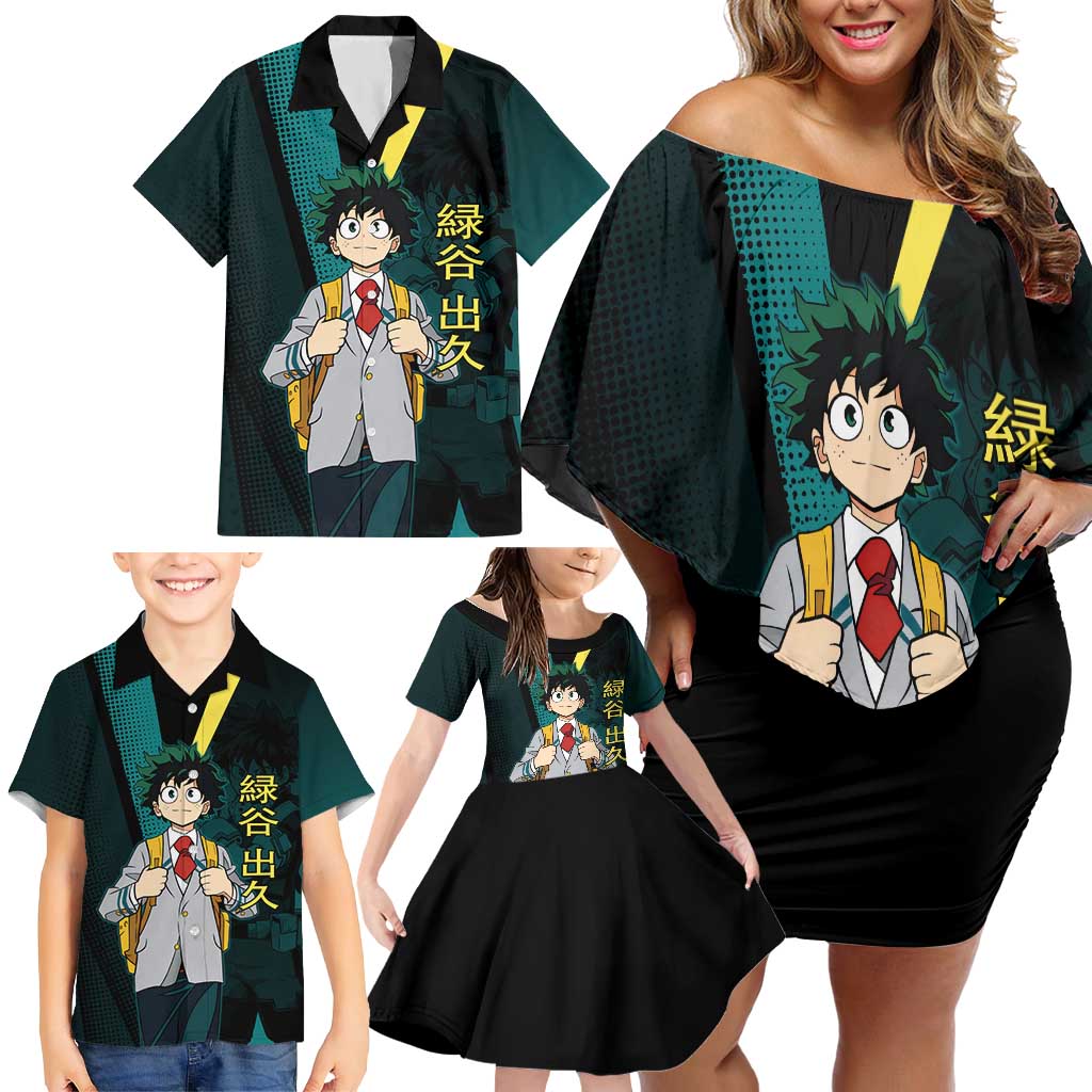 Izuku Midoriya Transformation Family Matching Off Shoulder Short Dress and Hawaiian Shirt Japanese Comic Book Style