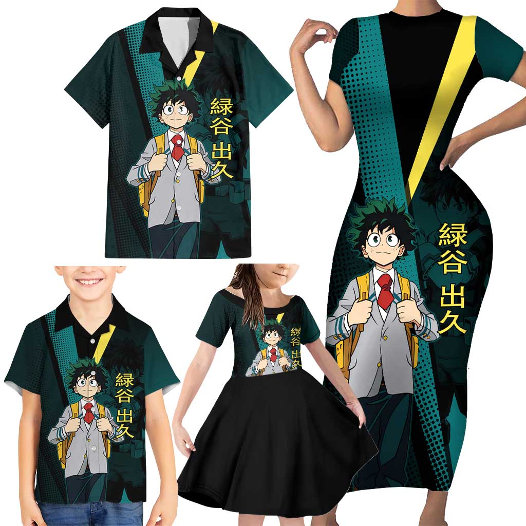 Izuku Midoriya Transformation Family Matching Short Sleeve Bodycon Dress and Hawaiian Shirt Japanese Comic Book Style
