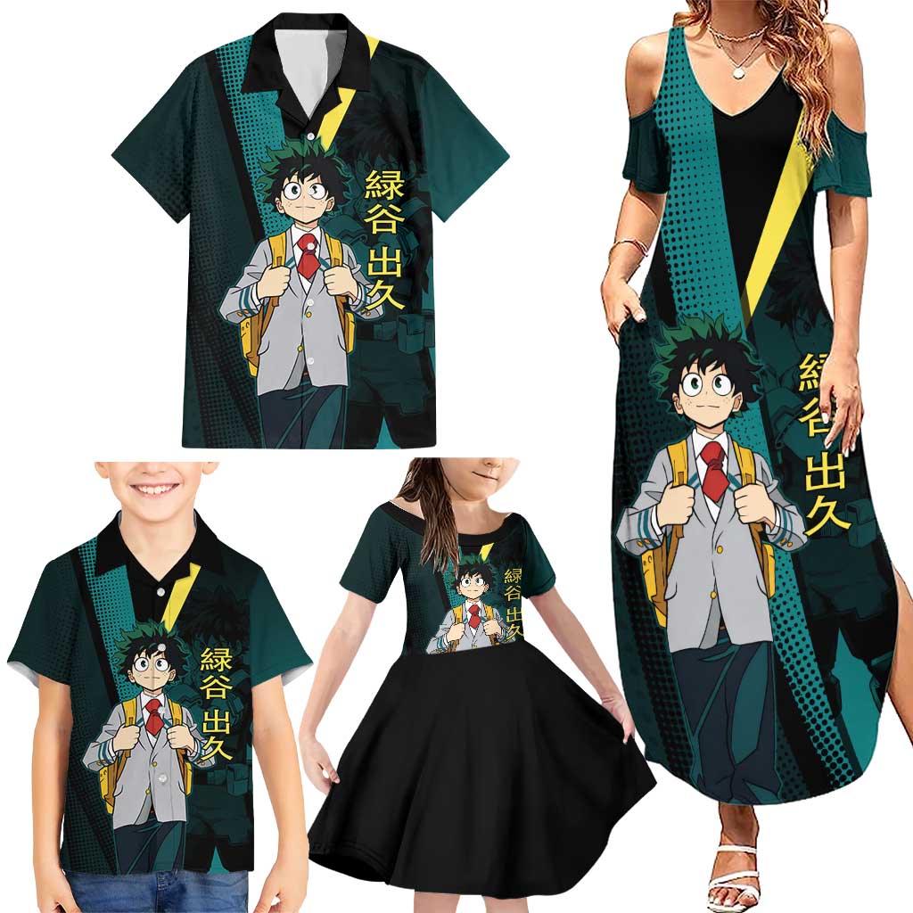 Izuku Midoriya Transformation Family Matching Summer Maxi Dress and Hawaiian Shirt Japanese Comic Book Style