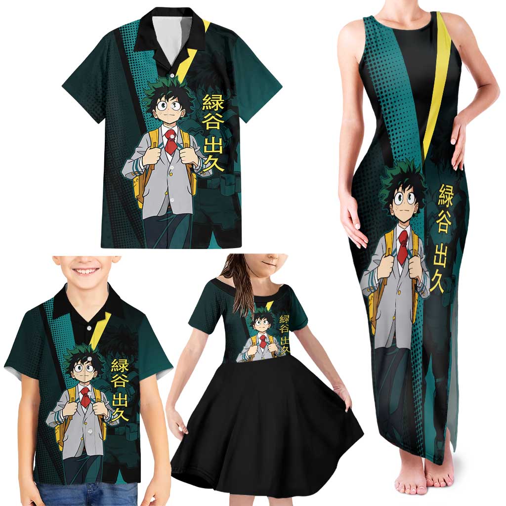 Izuku Midoriya Transformation Family Matching Tank Maxi Dress and Hawaiian Shirt Japanese Comic Book Style